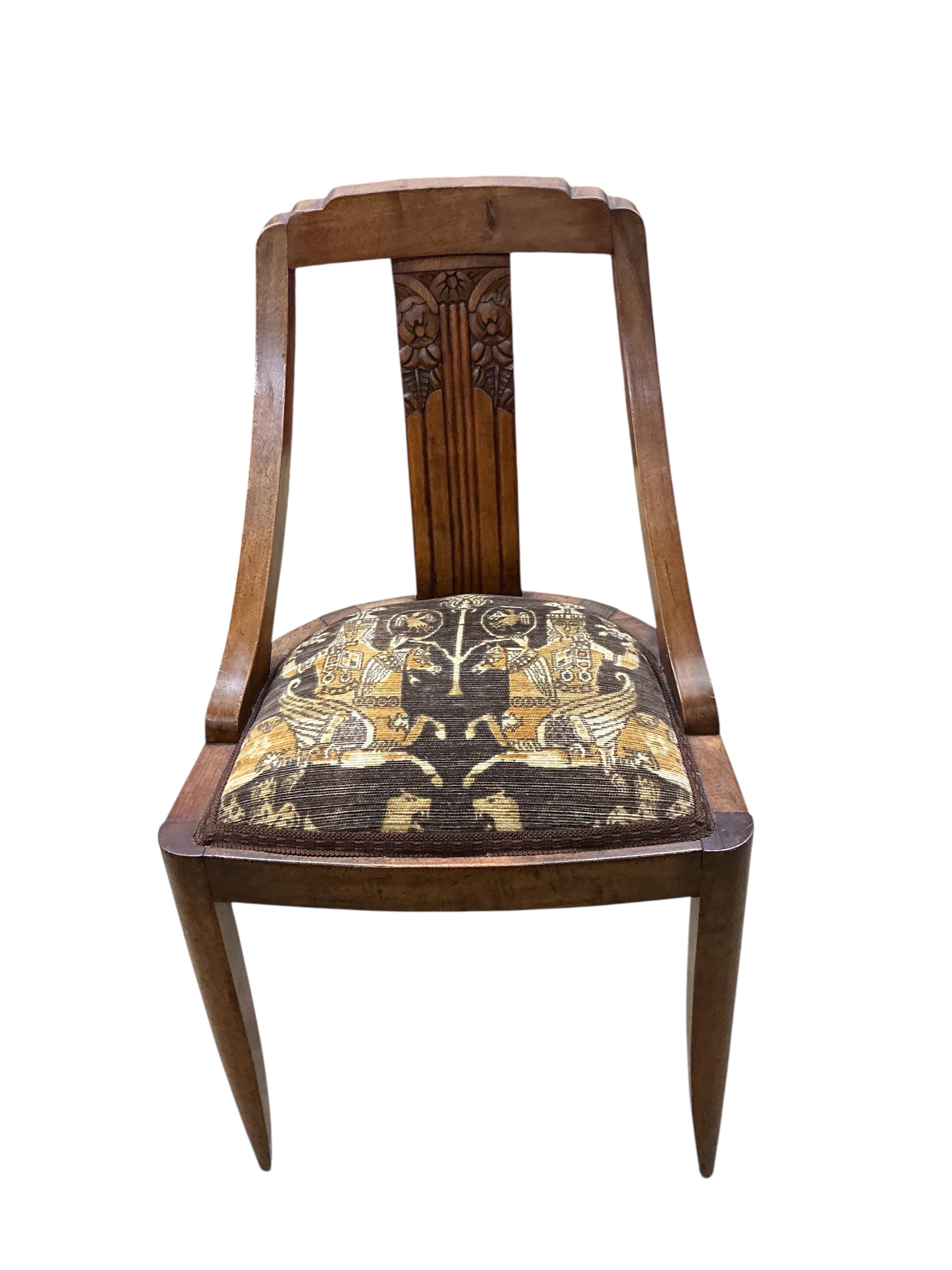 A set of six French Art Deco mahogany dining chairs, width 46cm, depth 42cm, height 86cm